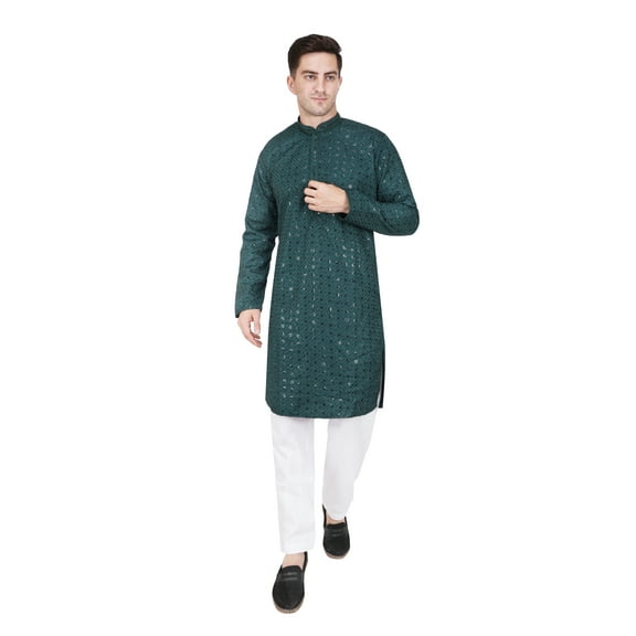 TRILOKI Mens Embroidered Sequined Kurta Pajama Set Rayon Ethnic Indian Traditional Wear Wedding Designer Ethnic Diwali Puja Kurta Payjama Set