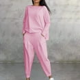 thumbnail image 2 of GILIGEGE Two Piece Sets for Women Women's Solid Color Casual Two Trouser Suit with Small Feet Round Neck and Long Sleeves Pink 3Xl, 2 of 5