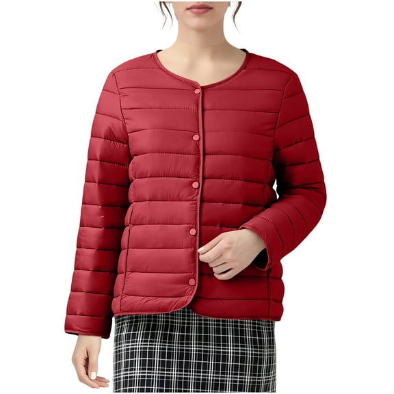 Stamzod Womens Winter Jacket Solid Color Crewneck Long Sleeve Quilted Puffer Jacket with Pocket Casual Thicked Warm Coats for Women Red XXL