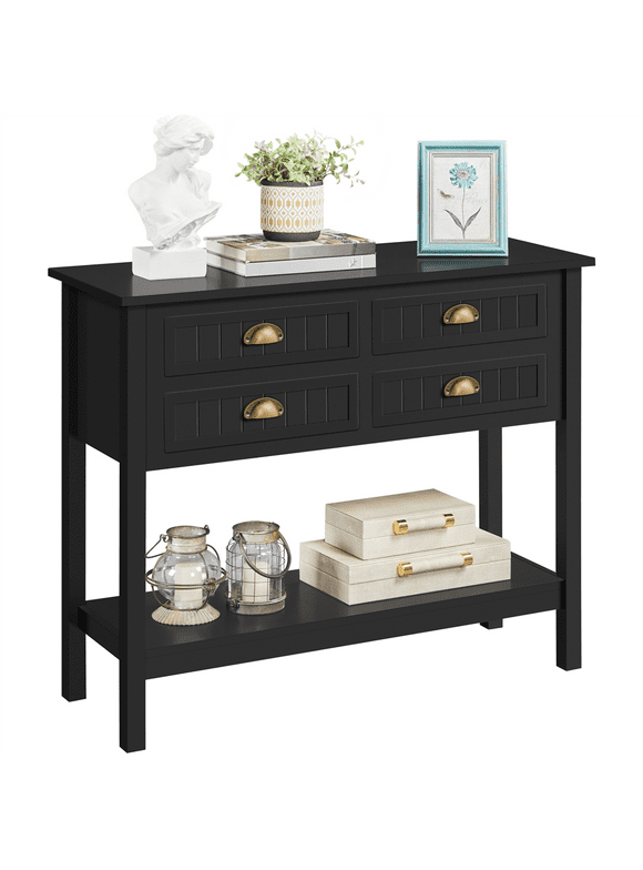 Alden Design 4-Drawer Wooden Console Table with an Open Shelf for Entryway, Black