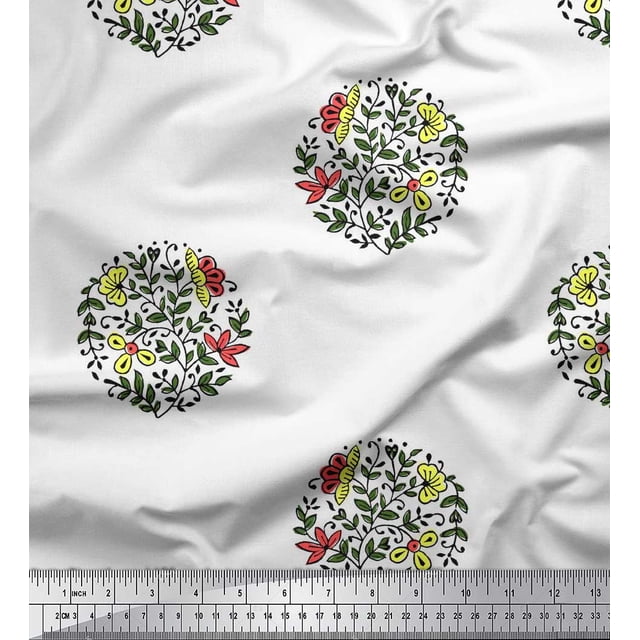 Soimoi Poly Georgette Fabric Leaves & Floral Block Print Sewing Fabric Yard 52 Inch Wide