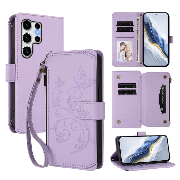 Dteck Wallet Crossbody Strap Case for Samsung Galaxy S23 Ultra,Magnetic Leather TPU Card Slots Zipper Wallet Case Shockproof Kickstand Cover with Detachable Wrist Strap / Shoulder Strap,Purple