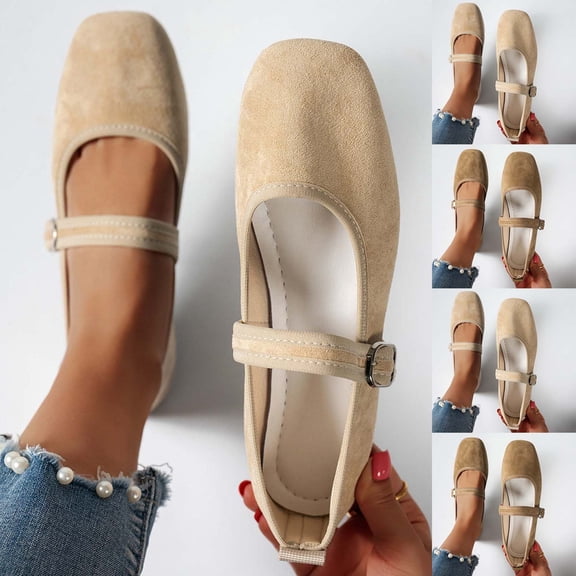 Miluxas Women's Mary Jane Ballet Flats, Square Toe Adjustable Buckle Suede Slip-On Casual Dress Shoes Khaki 9.5(43)