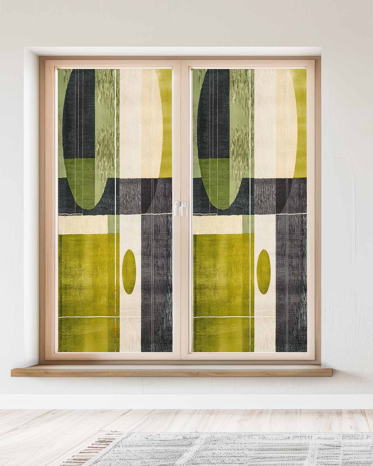 Window Privacy Film Geometric Green Stained Glass Window Film Decorative Sun Block Window Cover Middle Century Simple Abstract Art Window Clings Static Adhesive Sticker for Bathroom 23.6"x59"