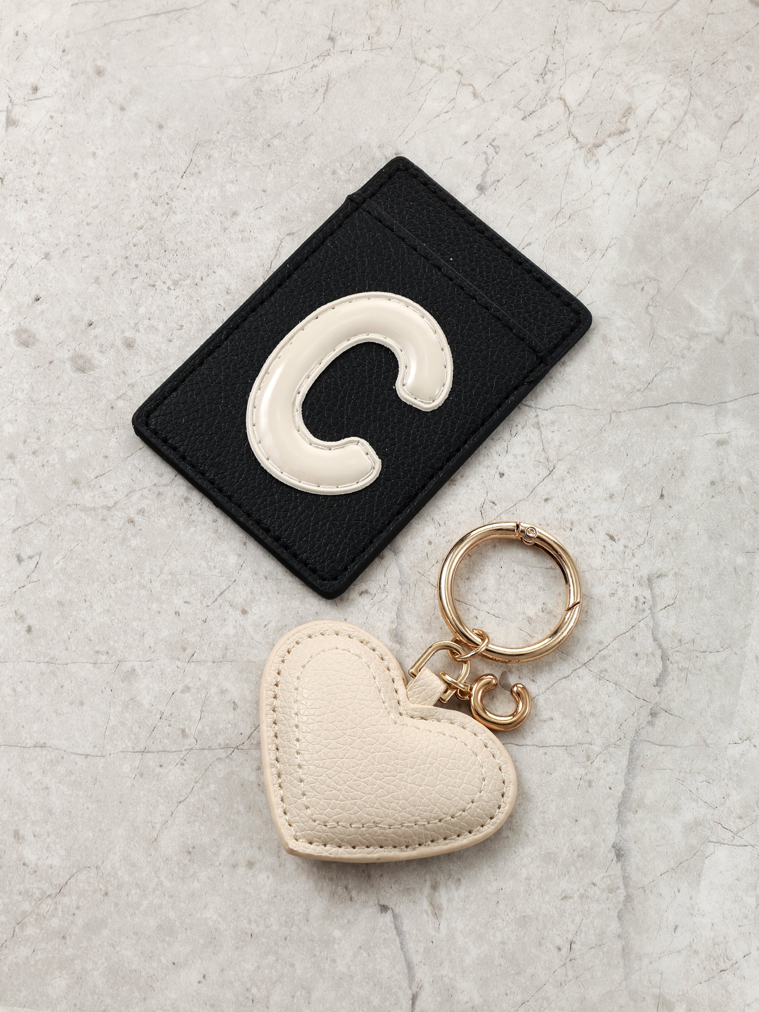 Time and Tru Goldtone and Faux Leather Heart-Shaped Keyring and Adhesive Phone Wallet, Initial Letter C, 2 Pieces, Black and Ivory