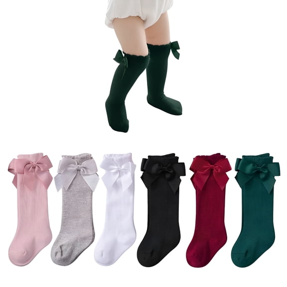 TELOLY 6 Pairs Newborn Socks with Bow Cotton Baby Girl Knee High Socks Ruffled Toddler Girl Socks 6-18 Months