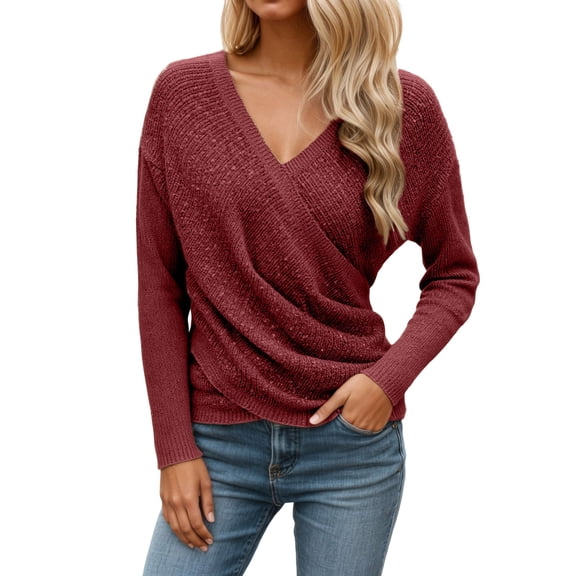 Women's Casual Knit Sweater Long Sleeve Solid Color V-Neck Criss Cross Shirts Fall Winter Stretchy Comfy Business Work Tops