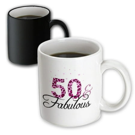 

3dRose 50 and Fabulous - fun girly birthday gift - black and hot pink leopard print pattern bday diva text - Magic Transforming Mug 11-ounce