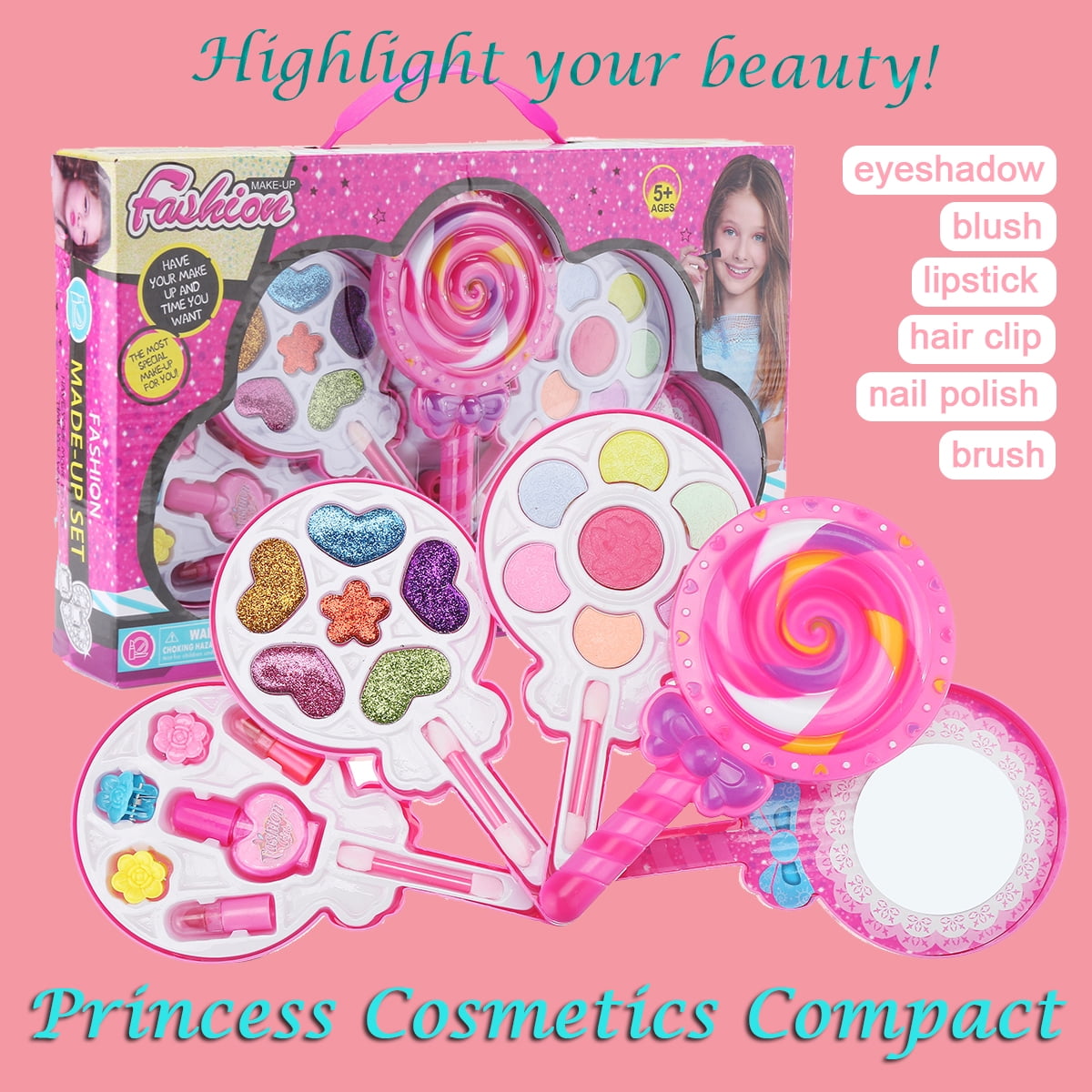 Kids Make Up Toy Set Pretend Play Princess Pink Makeup Beauty Safety