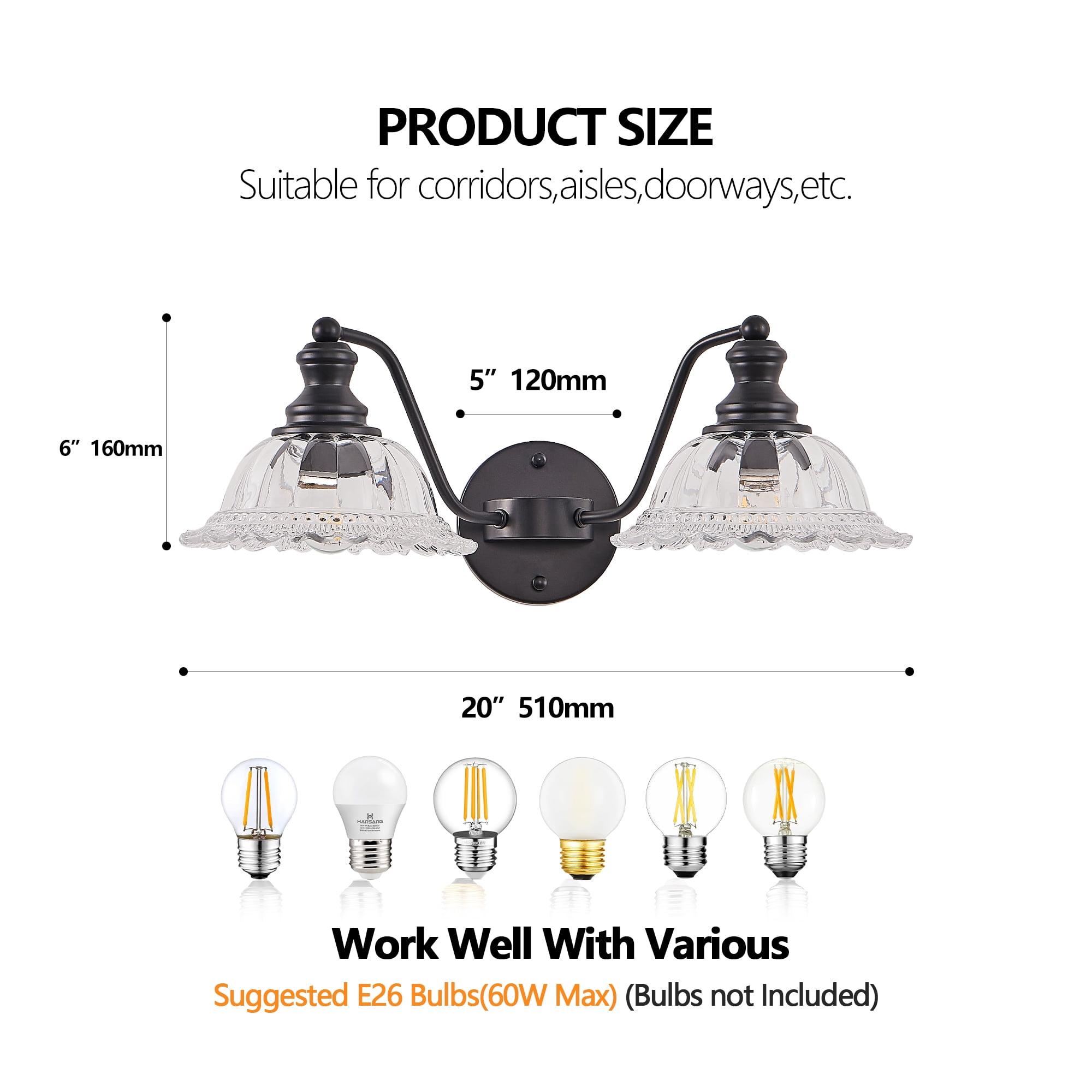 2-Light Bathroom Black Vanity Light Fixtures, Farmhouse Vanity Lights for Bathroom with Flower Glass Shade Wall Lights 20in