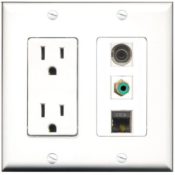 RiteAV - 15 Amp Power Outlet 1 Port RCA Green 1 Port Shielded Cat6 Ethernet Ethernet 1 Port 3.5mm Decorative Wall Plate