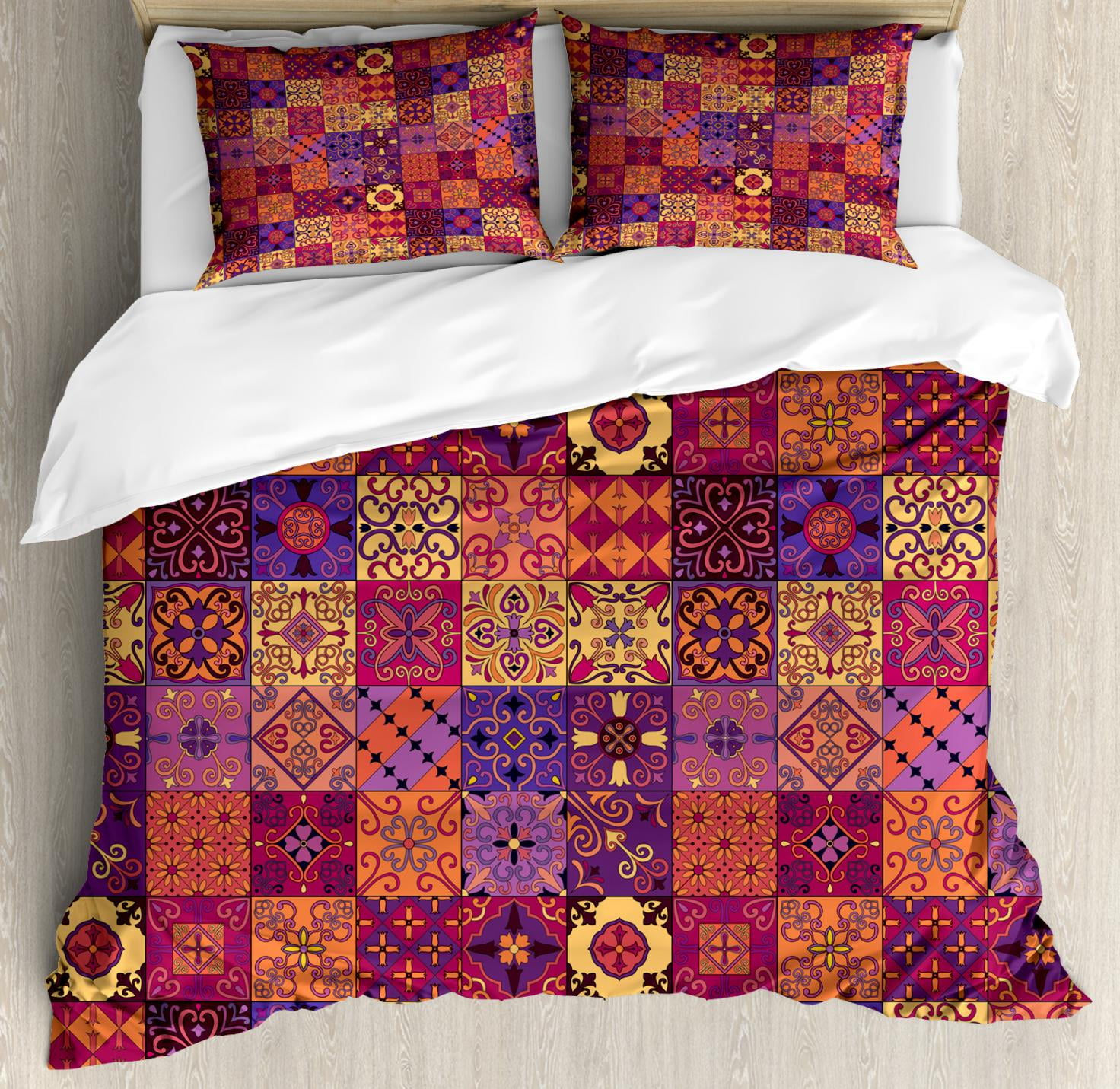 Spanish Duvet Cover Set Queen Size, Ethnic Azulejo Moroccan Tiles in