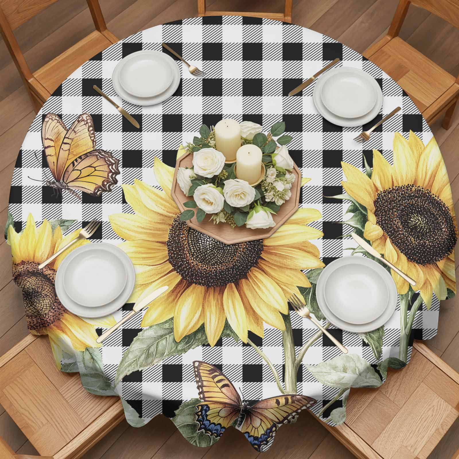 Round Tablecloth Vintage Floral Sunflower Waterproof Oil Proof Polyester Table Cloth Cover Decor for Home Dining Outdoor,Patio,Parties, 54" Dia. Black White Farmhouse Buffalo Plaid