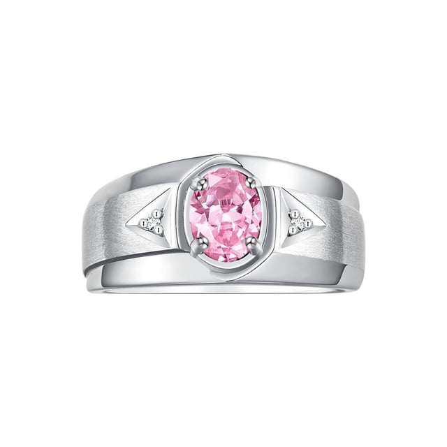 RYLOS Men's Rings 14K White Gold Classic 7X5MM Oval Gemstone & Diamond Ring Pink Ice October Birthstone Rings For Men, Gold Rings Size 13