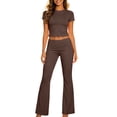 thumbnail image 3 of AHTJRT 2 Piece Workout Sets for Women Athletic Running Yoga Sweatsuits Slim Crew Neck Short Sleeve Crop Tops and High Waist Flared Pants Coffee S, 3 of 8