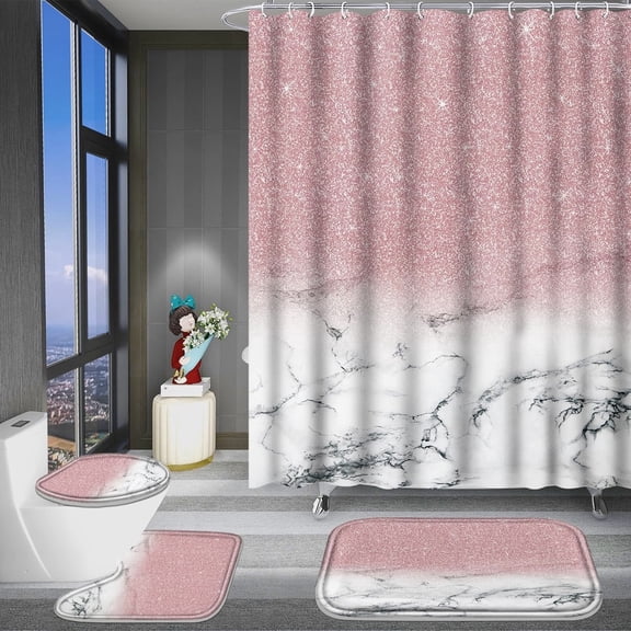 FRAMICS Pink Shiny (No Glitter) Marble Shower Curtain and Rug Sets, 16-Piece Modern Bathroom Sets, Waterproof Fabric Shower Curtain with 12 Hooks and Toilet Rugs