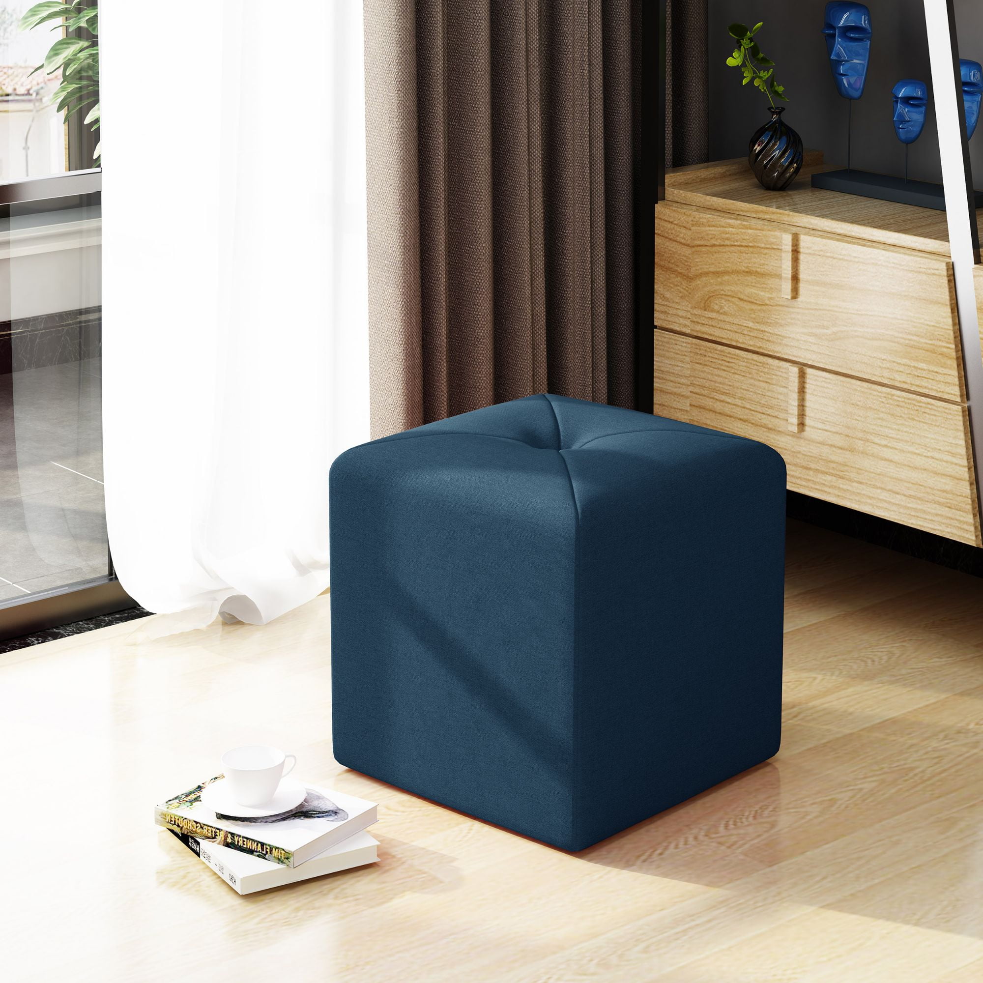 17.25" Navy Blue Contemporary Tufted Solid Square Ottoman
