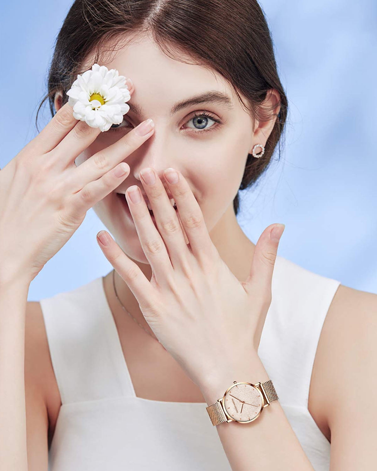 Watches for Women Fashion Quartz Starry Sky Analog Dress Wristwatch Waterproof Stainless Steel Rose Gold Mesh Band Watch