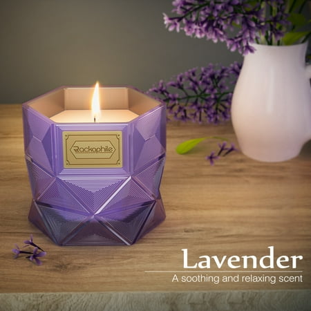 Three Wick Glass - Rackaphile Lavender Scented 16 Oz Glass Jar Candle, Geometric Hexagon Glass Jar, 100% Soy Wax, Lead-Free Cotton Wick, Long Lasting Scent, Gift Box Included