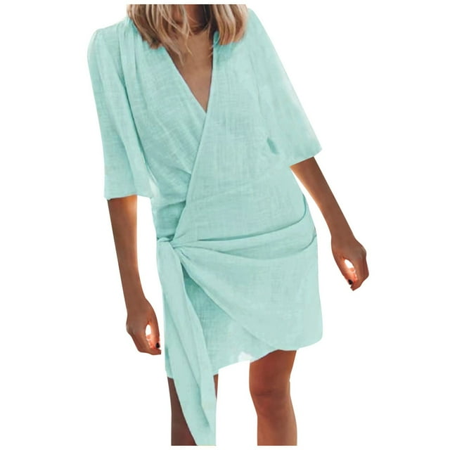 Vestido mediano de manga corta con cuello en V de lino para mujer: color liso, cómodo, se ajusta a la talla, para la playa o para llevar por la calle; tallas S-XXXL