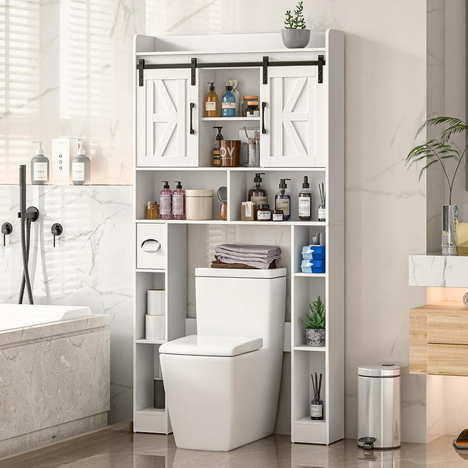Vabches Over The Toilet Bathroom Storage Cabinet with Sliding Doors, Bathroom Space Saver Organizer Toilet Rack with 6 Storage Shelves, for Bathroom, Restroom, Laundry
