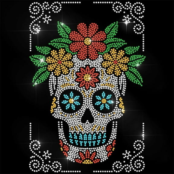 Rhinestone Iron on Transfer Sugar Skull Bling Diamond Hotfix Patches for Clothes 11.6"x8.2" Large Iron On Sequin Applique for Jeans Jacket Caps Bag T-Shirts Shoes DIY Decor