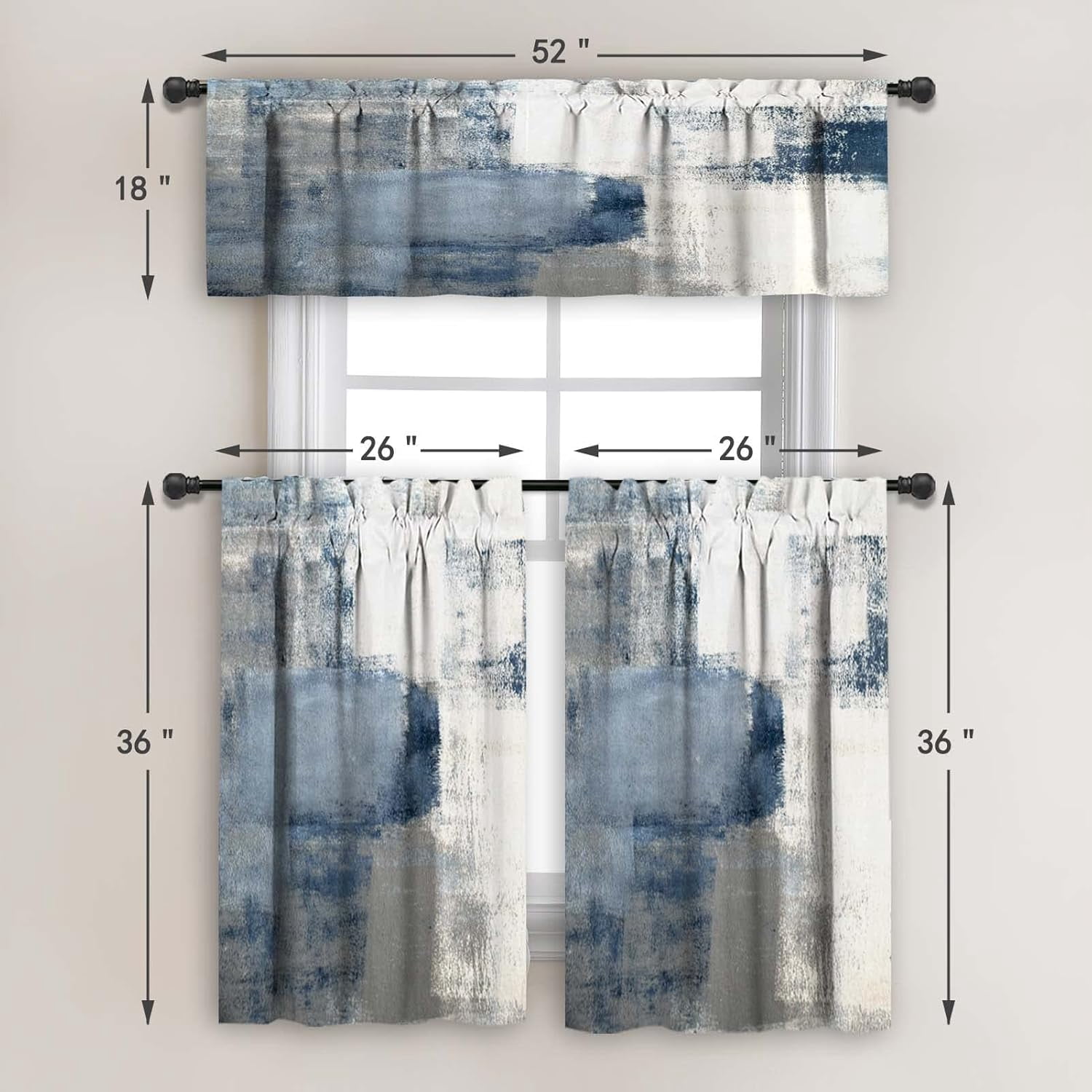 Blue Blackout Kitchen Curtains Tiers and Valances Set 3 Piece for Windows White and Grey Kitchen Window Curtains Set,Modern Abstract Art Valances for Living Room(36" Tiers Set)