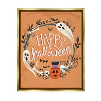 Stupell Industries Happy Haunts Halloween Wreath Graphic Art Metallic Gold Floating Framed Canvas Print Wall Art, Design by Arrolynn Weiderhold