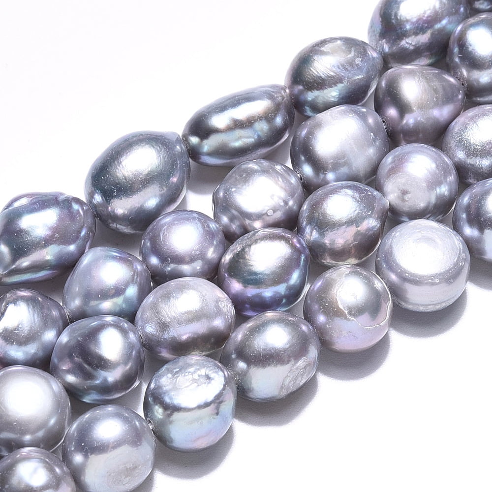 Natural Cultured Freshwater Pearl Beads Strands Baroque Pearls Keshi Pearl Beads Two Sides Polished Dyed Light Grey 8~14x9~12x9~11mm Hole: 0.7mm about 29~34pcs/strand 13.98~14.37 inch(35.5~36.5cm)