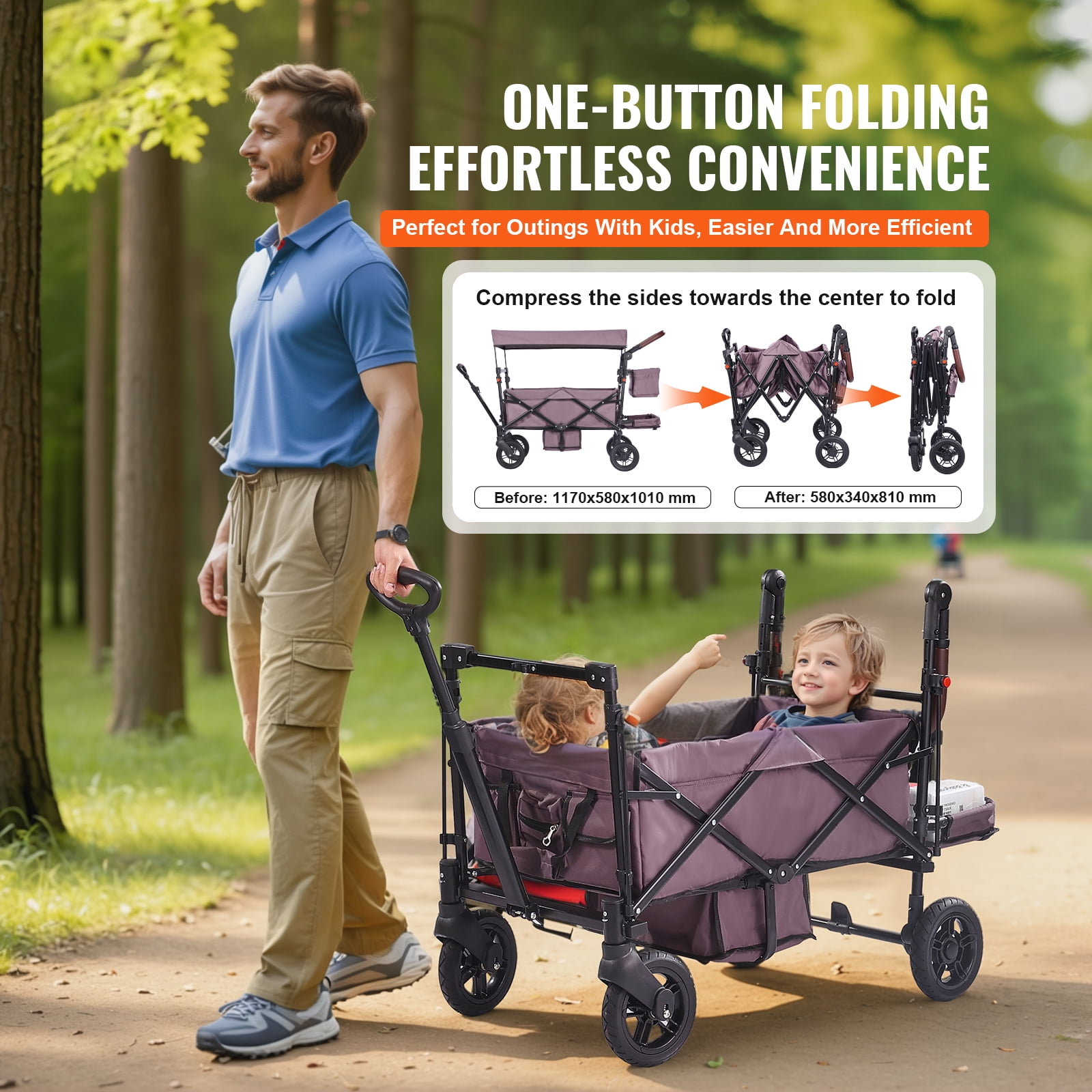 KFFKFF Wagon Stroller for 2 kids, All-Terrain Stroller Wagon with Detachable Canopy, Parent Organizer, Adjustable Handlebar, Large Capacity Storage Bag, Dark Purple