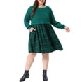 thumbnail image 4 of Agnes Orinda Women's Plus Size Halloween Outfits Cable Knit Plaid Babydoll Dress Crew Neck Puff Long Sleeve Patchwork 2 In 1 Contrast Christmas Casual Dresses with Pocket 1X Green, 4 of 8
