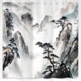 thumbnail image 2 of Cortina de ducha japonesa, pintura de paisaje asiático, tinta oriental, acuarela, montaña, árbol, cortinas de baño abstractas, juego de accesorios de baño de tela con estampado negro con ganchos de, 2 of 4