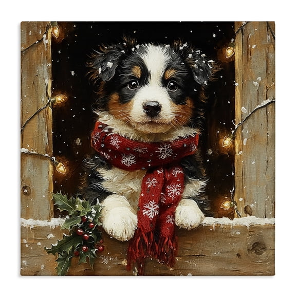 Stupell Industries Snowy Christmas Lights Puppy Animals Painting Wrapped Canvas Canvas Art Print Wall Art, 17 x 17