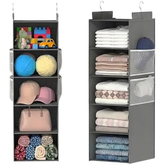 Deep Hanging Closet Organizers and Storage, Closet Hanging Storage Shelves with 5 Shelves and 4 Mesh Pockets, Heavy-Duty Closet Organizer for Clothes, Hats, and RVs and Dorm Essential,1-Pack, Grey
