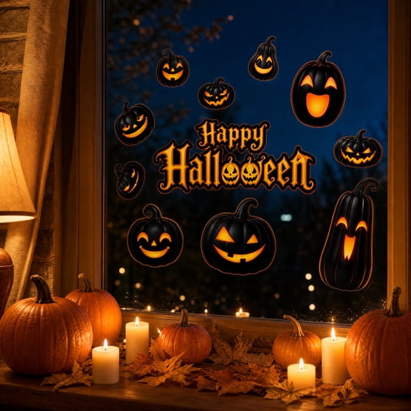 2Pcs Halloween Window Clings Pumpkin Decor, Double-Sided Print Reusable Glass Decals, Spooky Pumpkin Window Decals for Home, Shop, School Halloween Party Decor Supplies