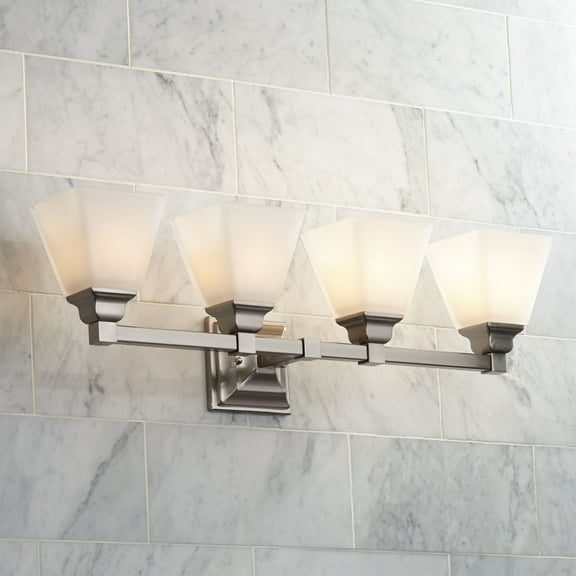 Regency Hill Mencino Modern Wall Light Satin Nickel Hardwire 28" 4-Light Fixture Etched Opal Glass for Bedroom Bathroom Vanity Reading Living Room