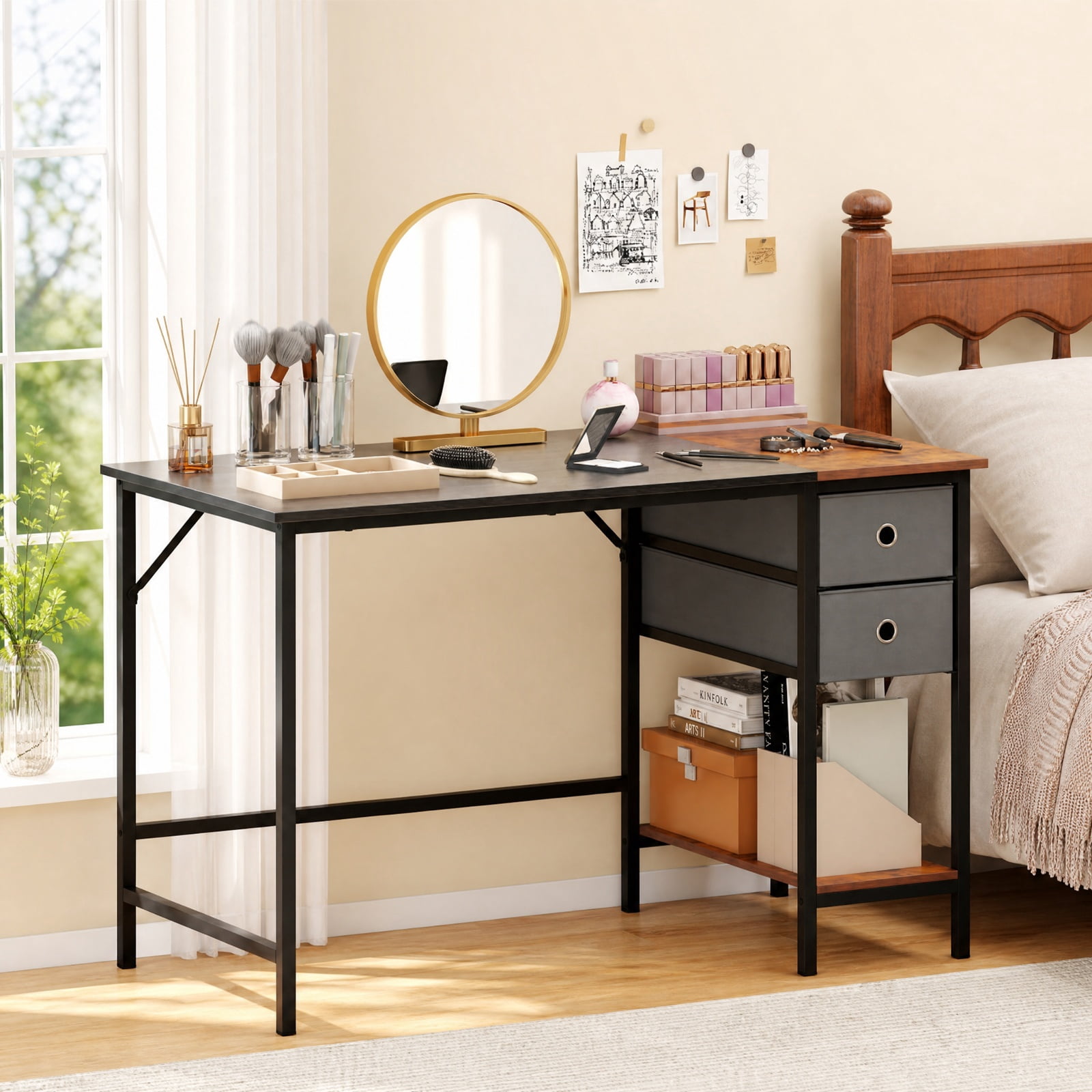 Furnibear 48 Inch Computer Desk with 2 Fabric Drawers Industrial Home Office Desk for Home Office Study Computer Writing Workstation, Black
