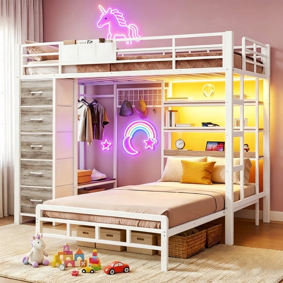 Torveric Bunk Bed Twin Over Twin with Storage Hall Tree and LED Shelves & Drawers Full-length Guardrail & Ladder White Maximize Space Saving Small Bedroom Furniture