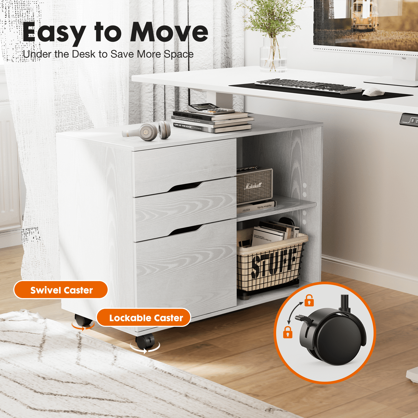 MAYEERTY 3-Drawer Mobile File Cabinet Rolling Filing Cabinet for Home Office Study Room, White