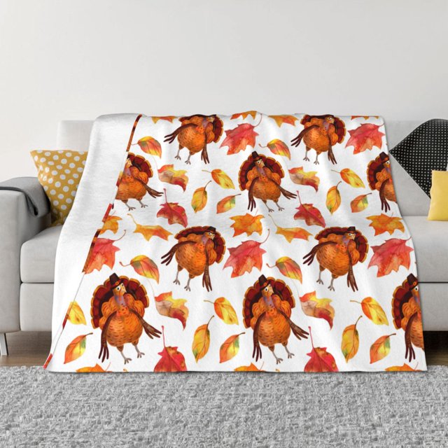 Balery Thanksgiving Turkey Leaves Manta de Franela con Dibujo, Lujo Ultra Suave y Cálido, Antipelusa y Resistente a las Arrugas para Cama, Sofá, Camping -50"x40"