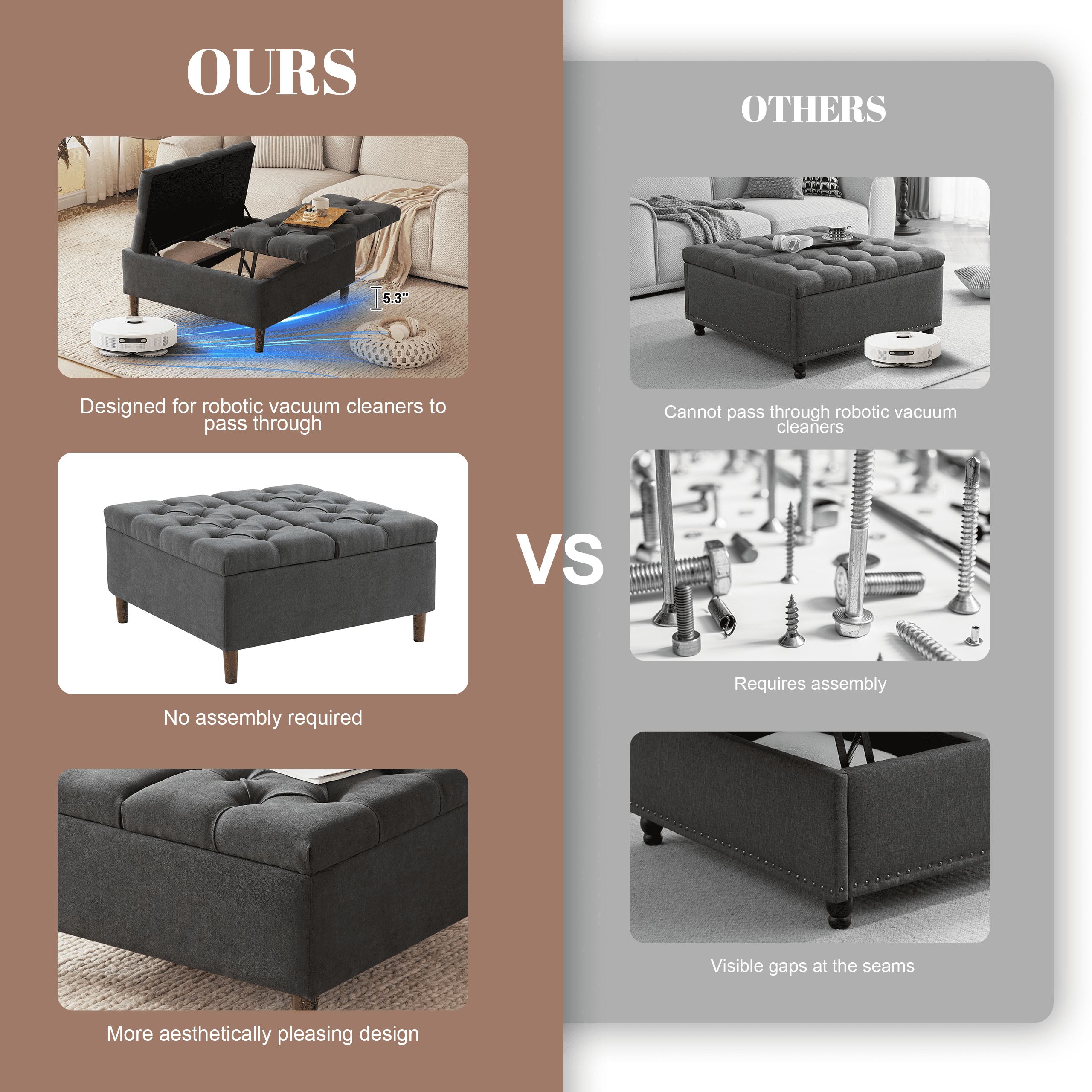 Weture Tufted Modern Ottomans, Fabric Dark Gray, 34.60 x 34.60 x 17.70 in, 54.45 lb