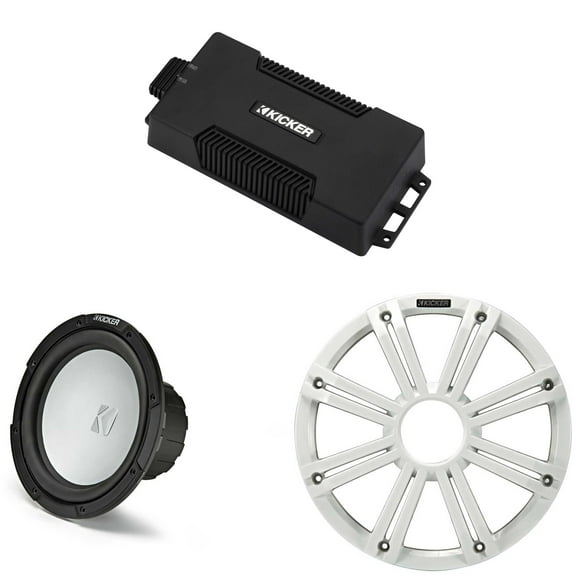 Kicker 48PXA6001 Weatherproof Powersport Mono Amp & 10" 2 Ohm Free-Air Marine Subwoofer ( White Grill )