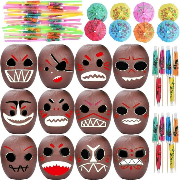 12 Pack Coconut Cups with Straws Cocktail Picks and 12 Stickers, DIY Hawaiian Cups Tropical Luau Tiki and Beach Party Decoration for Kids and Adults