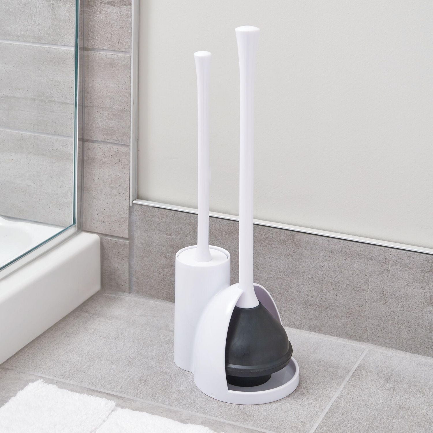 Mainstays Una Valet WC, balayette à Toilettes et Ventouse WC en Plastique pour Le ménage, lot WC hygiénique Discret pour la Salle de Bain, Blanc Brosse et piston à bol mince
