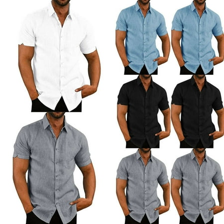Men Linen Cotton Shirt Short Sleeve Casual Fishing T-Shirt Top Summer Blouse