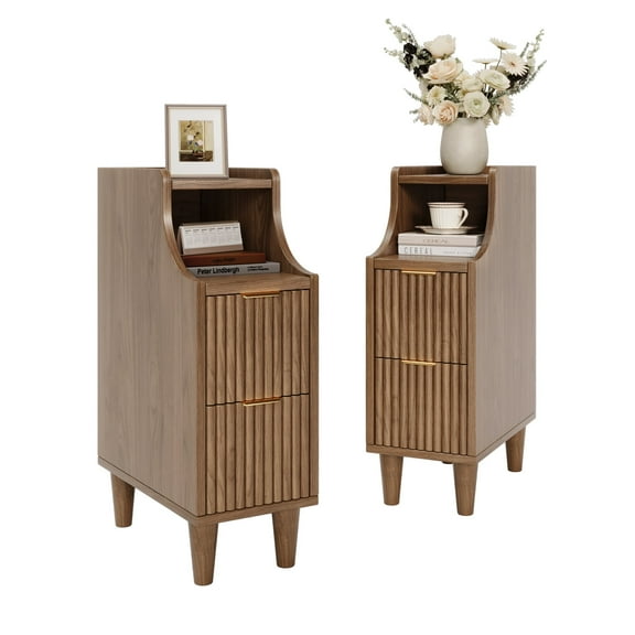 TOKSOM 2PC Fluted Nightstands, Narrow Bedside Tables with 2 Drawers & Open Shelf, Farmhouse Modern End Table for Bedroom, Living Room, Office – Walnut & Gold Accent