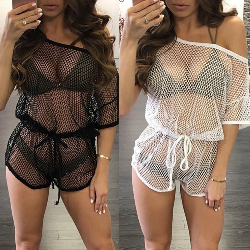 white fishnet beach cover up