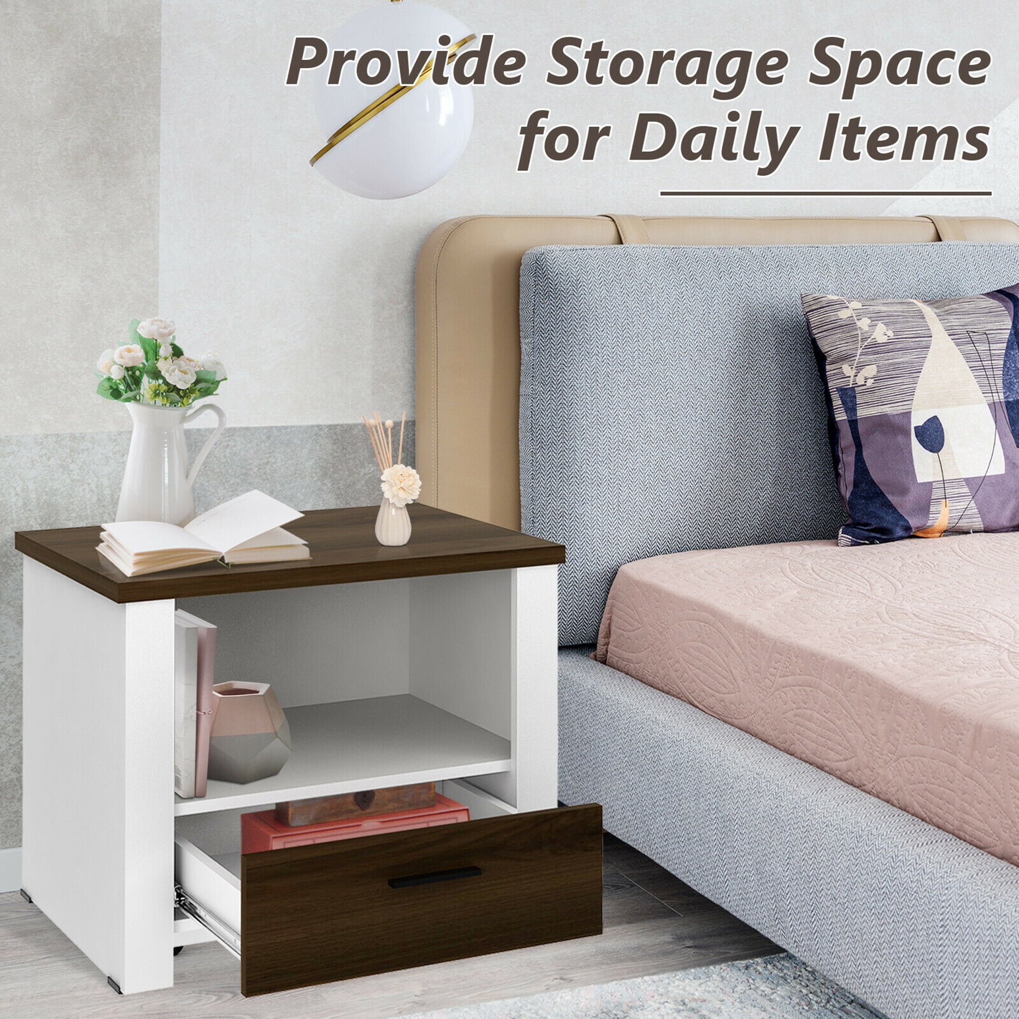 Gymax Fashion Accent Nightstand with Drawer and Open Shelf Sofa End Table Bedroom Living Room