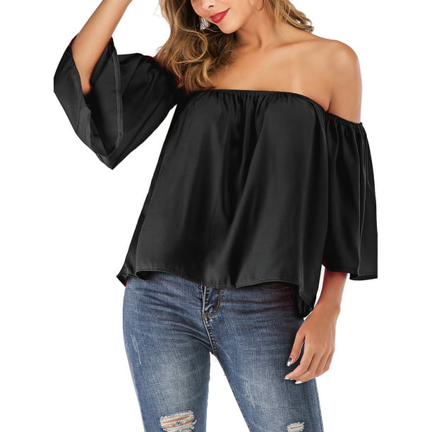 Womens Black Off The Shoulder Shirt Bell Sleeve Shoulder Top Summer Casual Chiffon Loose Strapless Shirt - Walmart.com