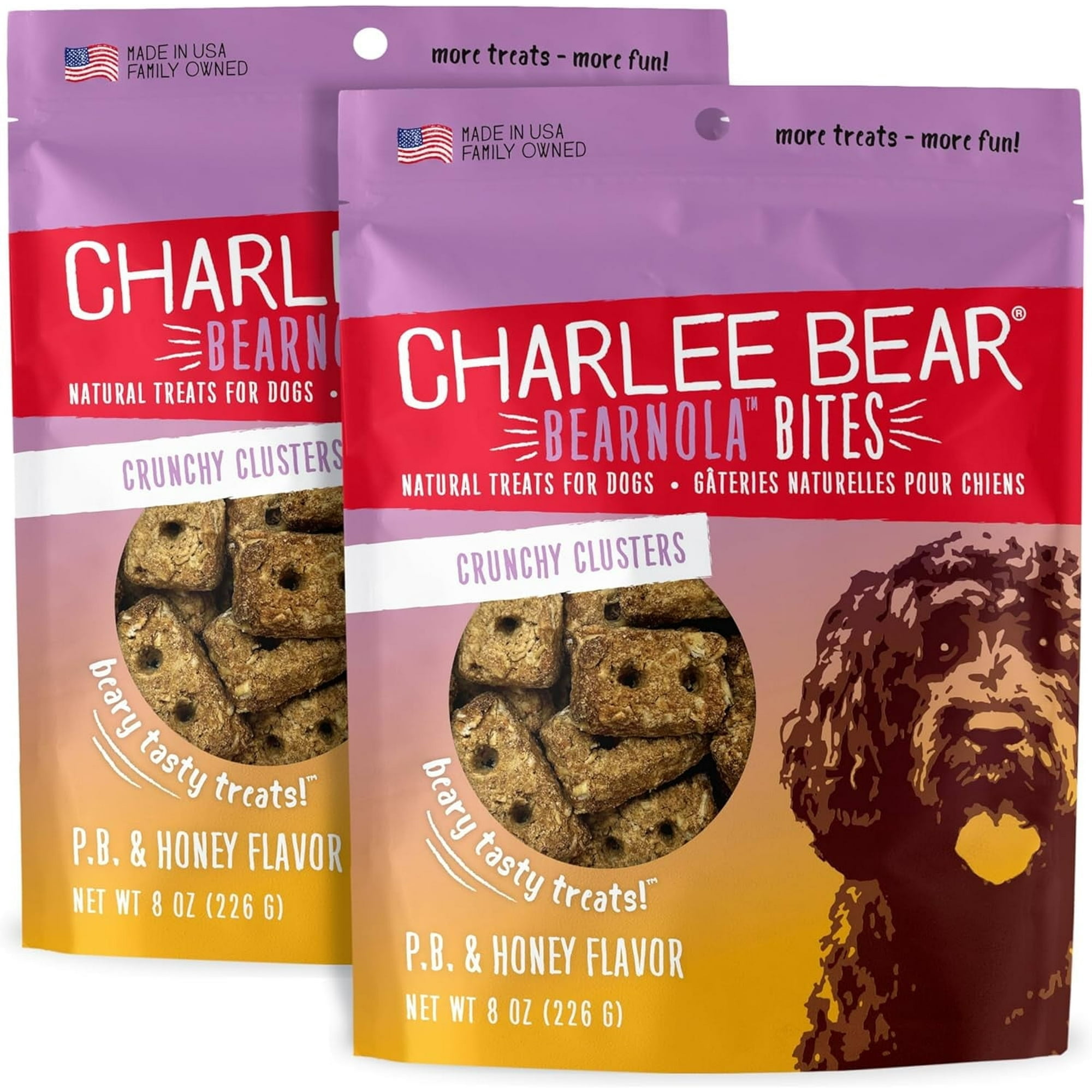 Charlee Bear Crunchy Dog Treats, Bearnola Bites Peanut Butter and Honey, Puppy Training Treats, Vegan Dog Snacks, 8 oz Bags (2), Made USA